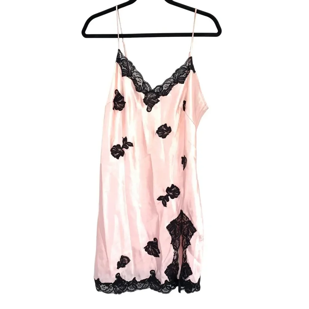 Victorias Secret Slip Nightgown Dress Womens Size XL Pink Satin Black Lace